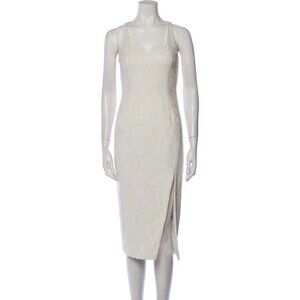 JayGodfrey White Paisley Jacquard Scoop Neck Front Slit Midi Length Dress 0